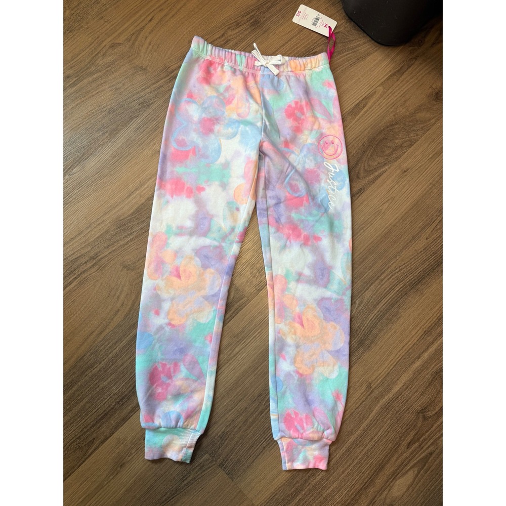 Justice Girls EDF Jogger Pants Size M 10 Pastel Floral Tie Dye Smiley Face NWT